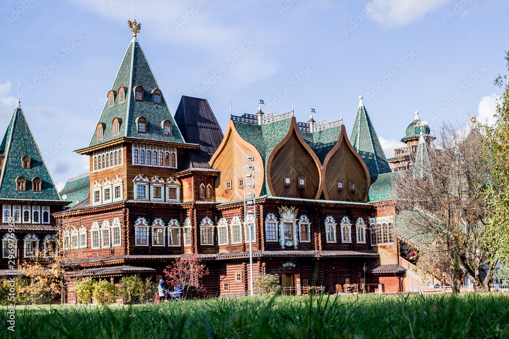 Wooden Palace of the Russian Tsar Alexei Mikhailovich Romanov in the autumn Sunny day in the Park of the Museum reserve Kolomenskoye