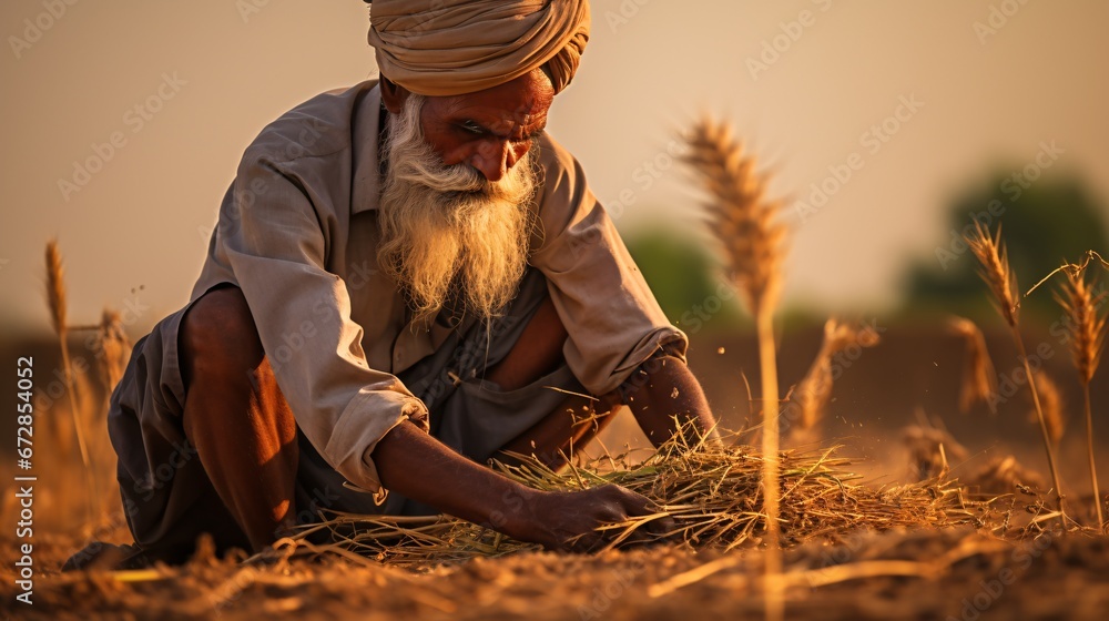 An Indian man harvested wheat with a scythe and stacked it.