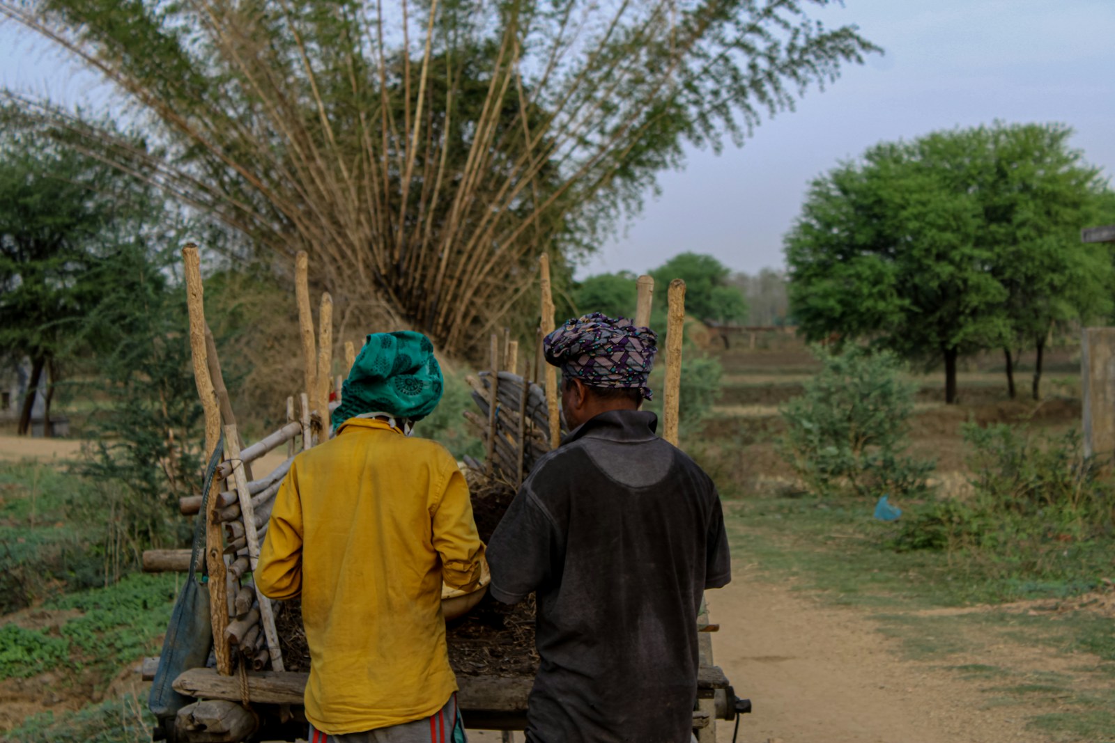 a couple of people walking down a dirt road