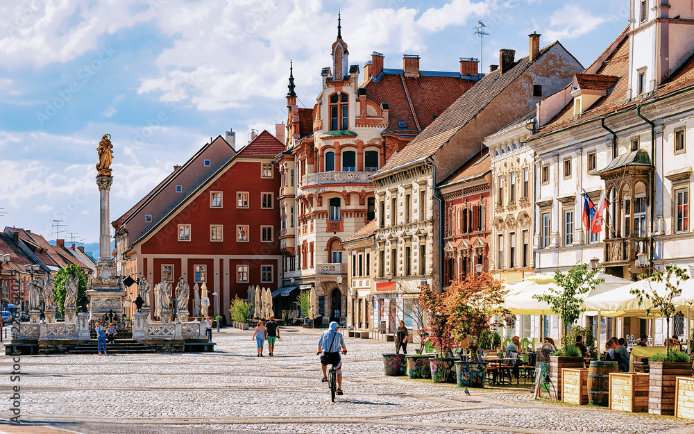 Maribor Town Hall square Slovenia Europe. Maribor Town Hall and Plague Column on the central square, Lower Styria, in Slovenia